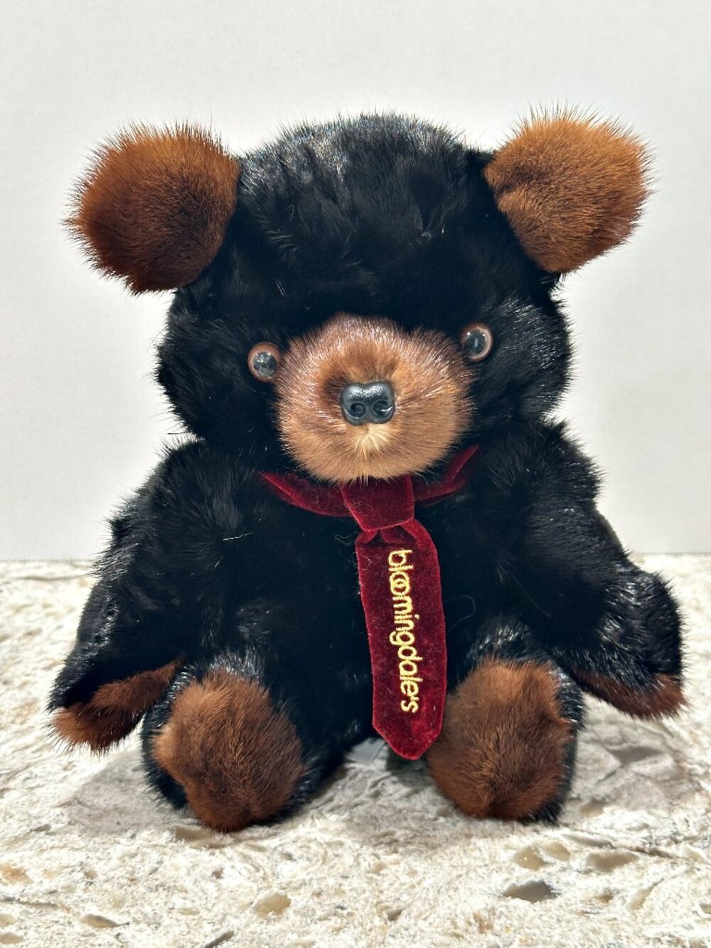 Vintage Mink Teddy Bear Plush 1980s Bloomingdales Black Brown 9" Hong Kong Fur